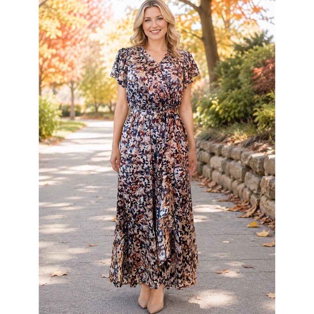 Nicole Miller L dress Flutter Sleeve Maxi Dress with Ruffle Trim Brown